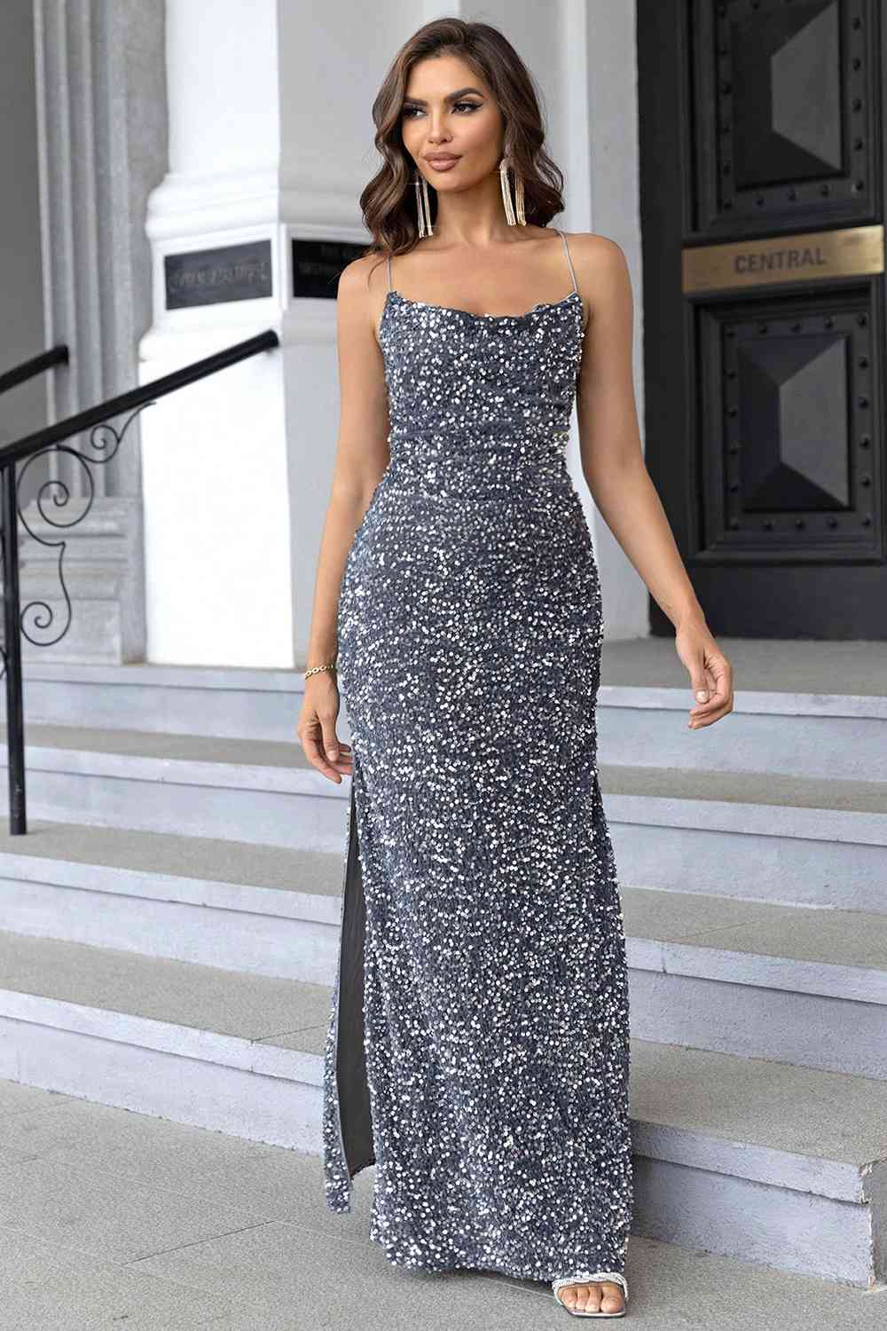 Sequin Backless Split Maxi Dress - Flip Flop Dynasty