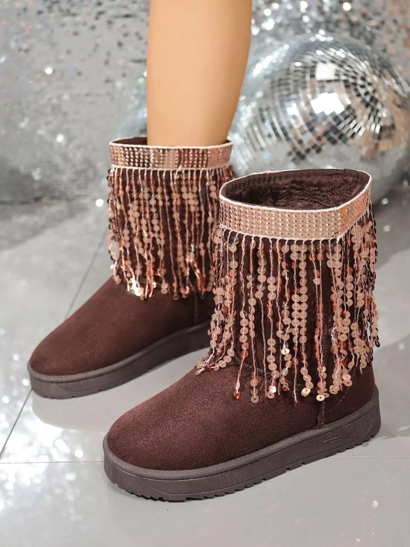 Sequin Fringe Suede Winter Boots - Flip Flop Dynasty