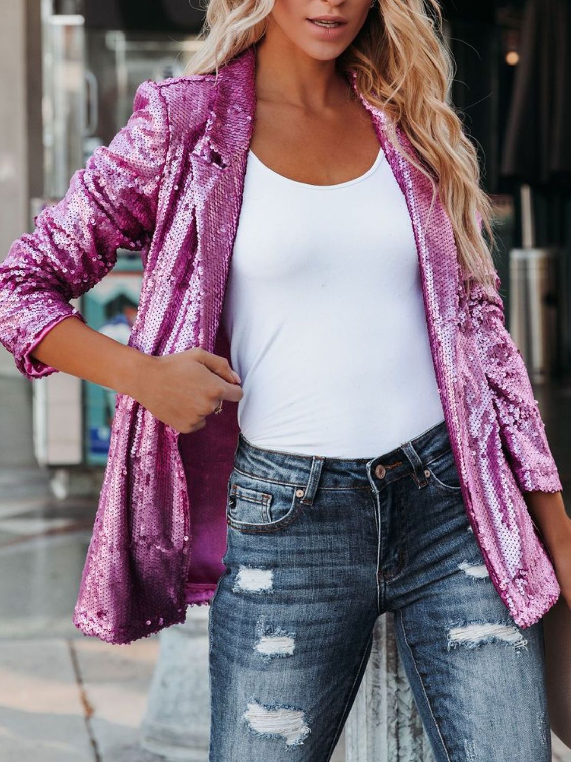 Sequin Lapel Collar Long Sleeve Blazer - Flip Flop Dynasty
