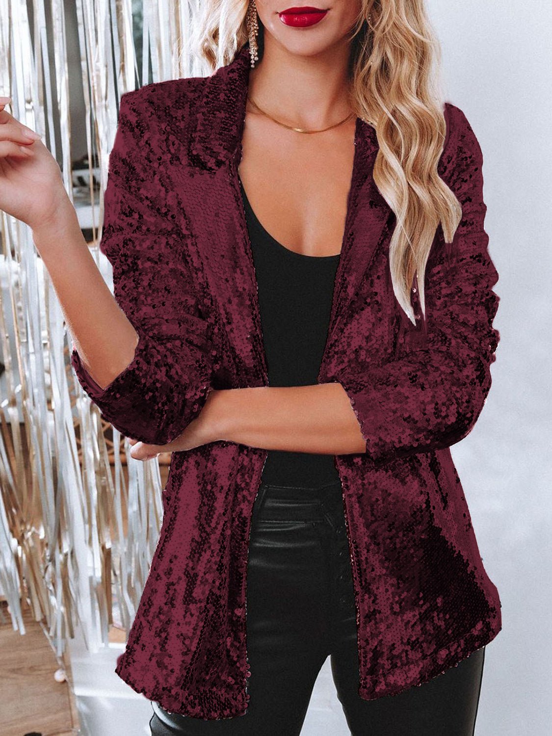 Sequin Lapel Collar Long Sleeve Blazer - Flip Flop Dynasty