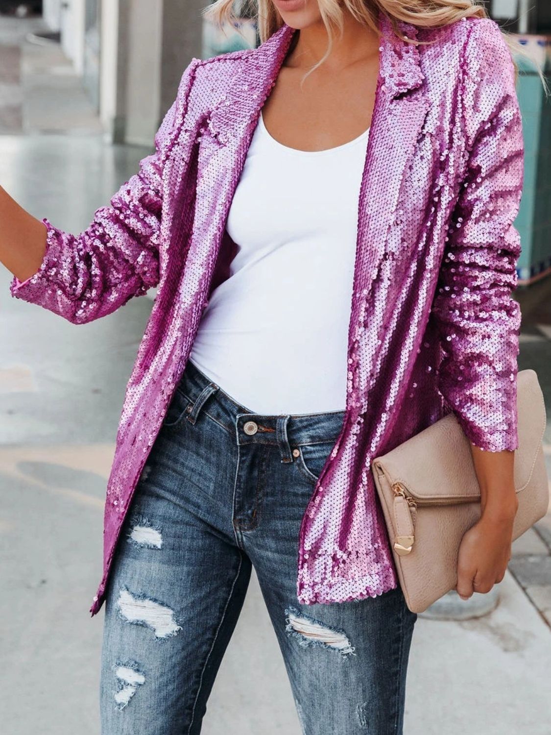 Sequin Lapel Collar Long Sleeve Blazer - Flip Flop Dynasty