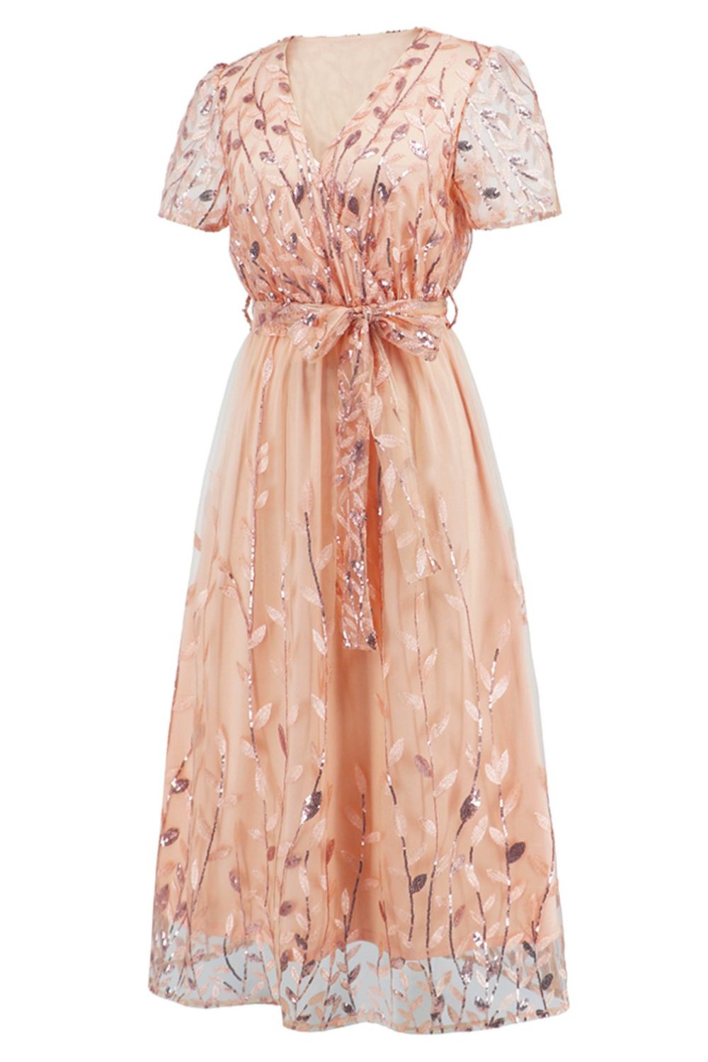 Sequin Leaf Embroidery Tie Front Short Sleeve Dress - Flip Flop Dynasty