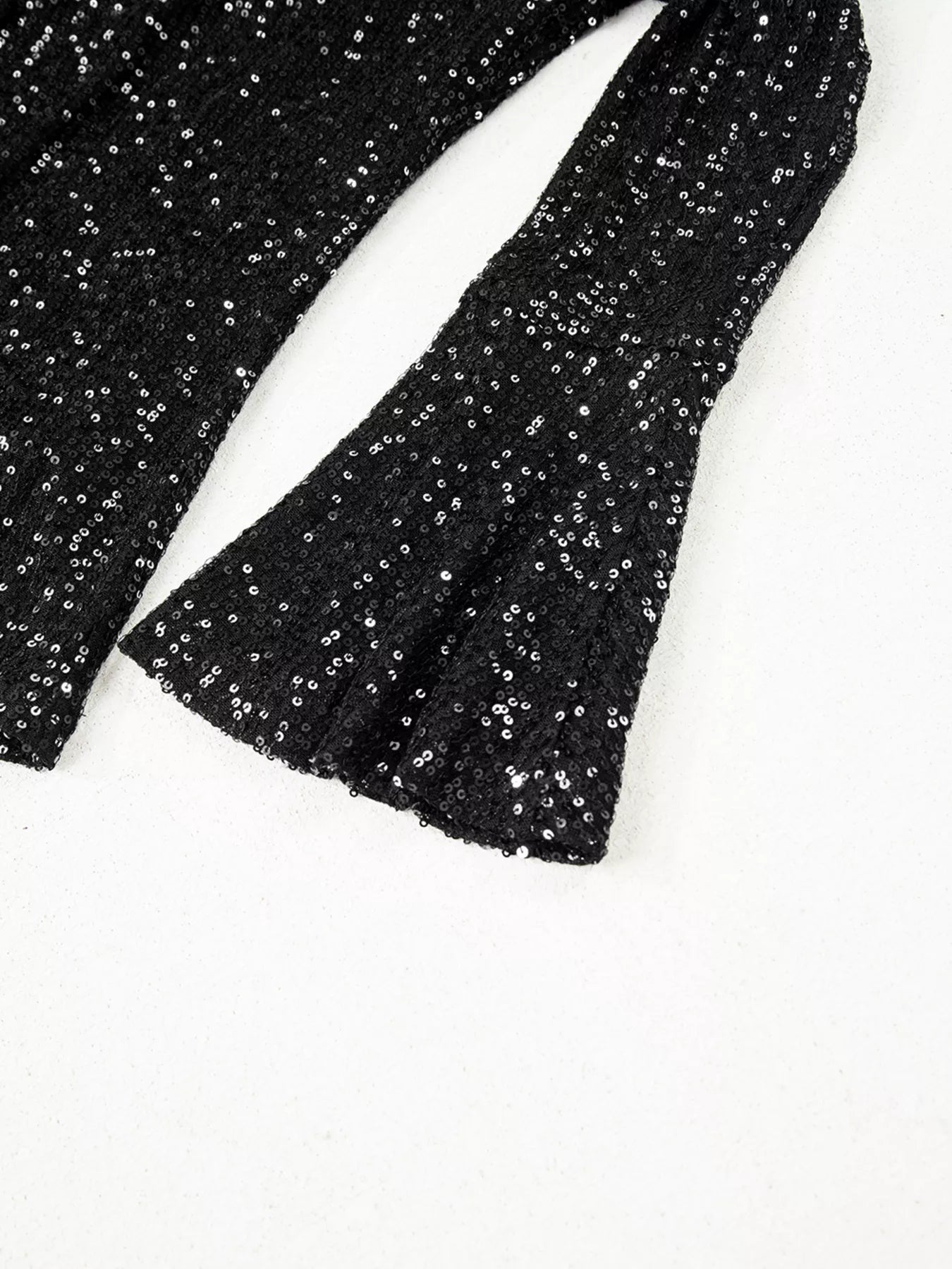 Sequin Mock Neck Drape Open Back Bell Sleeve Top - Flip Flop Dynasty