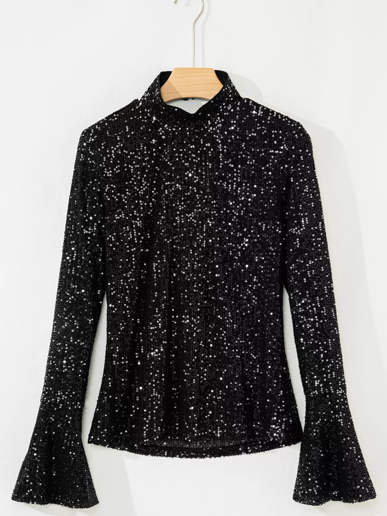 Sequin Mock Neck Drape Open Back Bell Sleeve Top - Flip Flop Dynasty