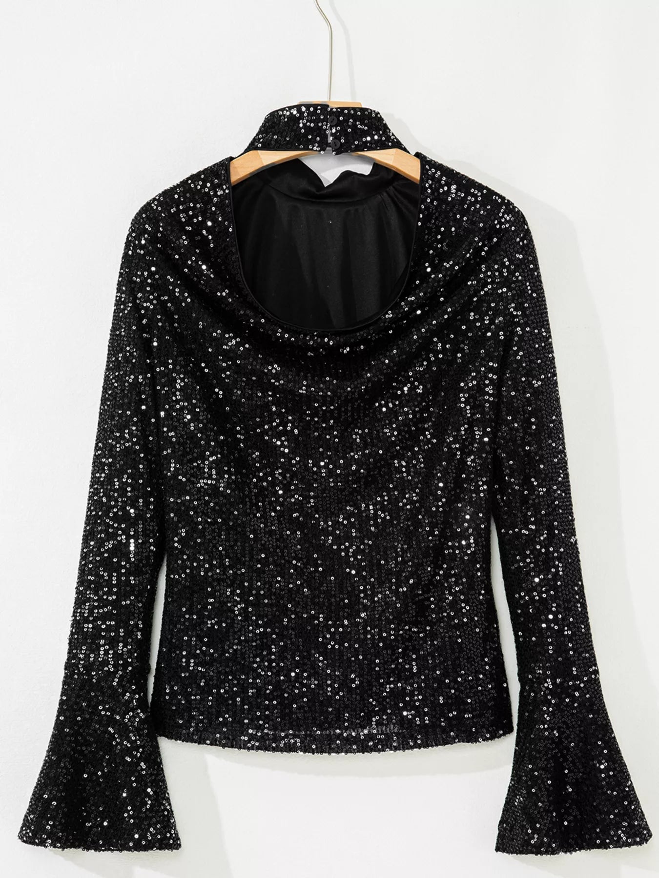 Sequin Mock Neck Drape Open Back Bell Sleeve Top - Flip Flop Dynasty