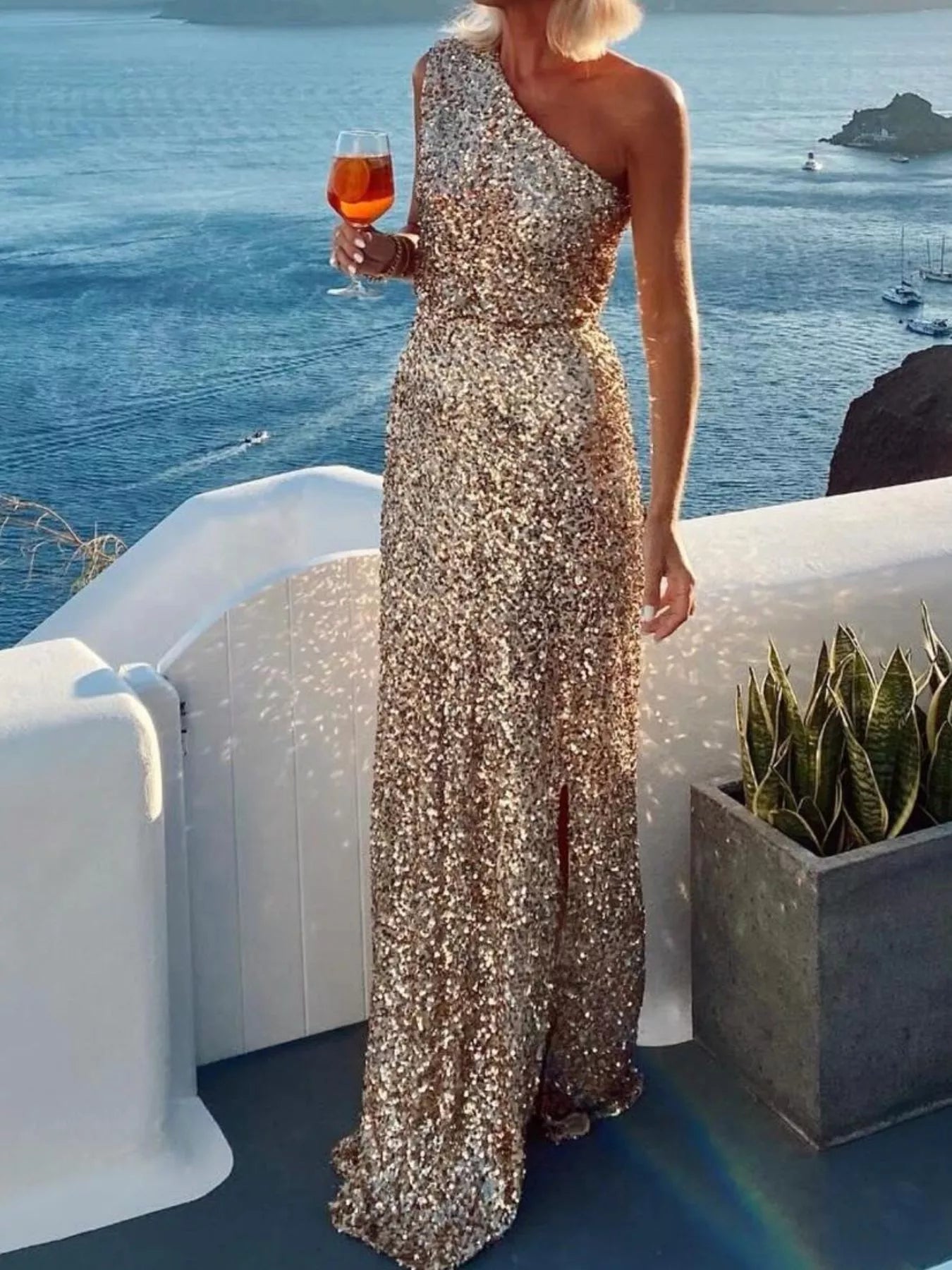 Sequin One - Shoulder Slit Maxi Dress - Flip Flop Dynasty