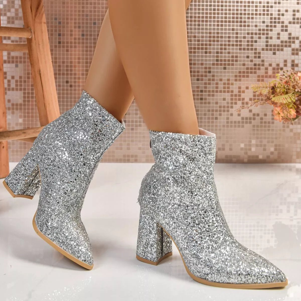 Sequin Point Toe Block Heels Boots - Flip Flop Dynasty