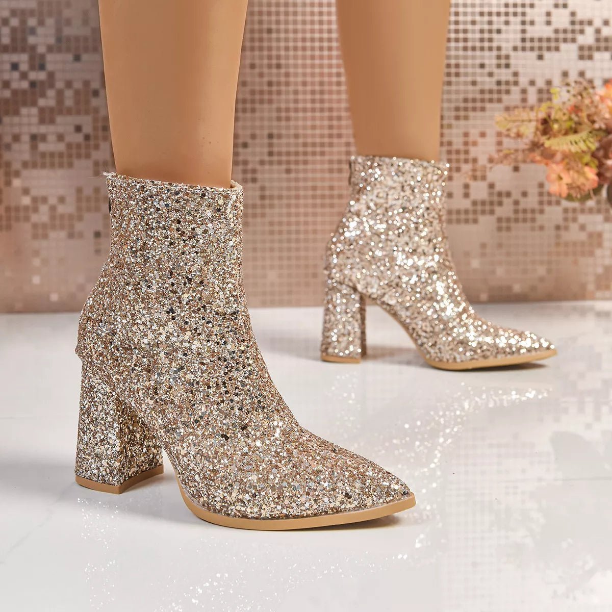 Sequin Point Toe Block Heels Boots - Flip Flop Dynasty