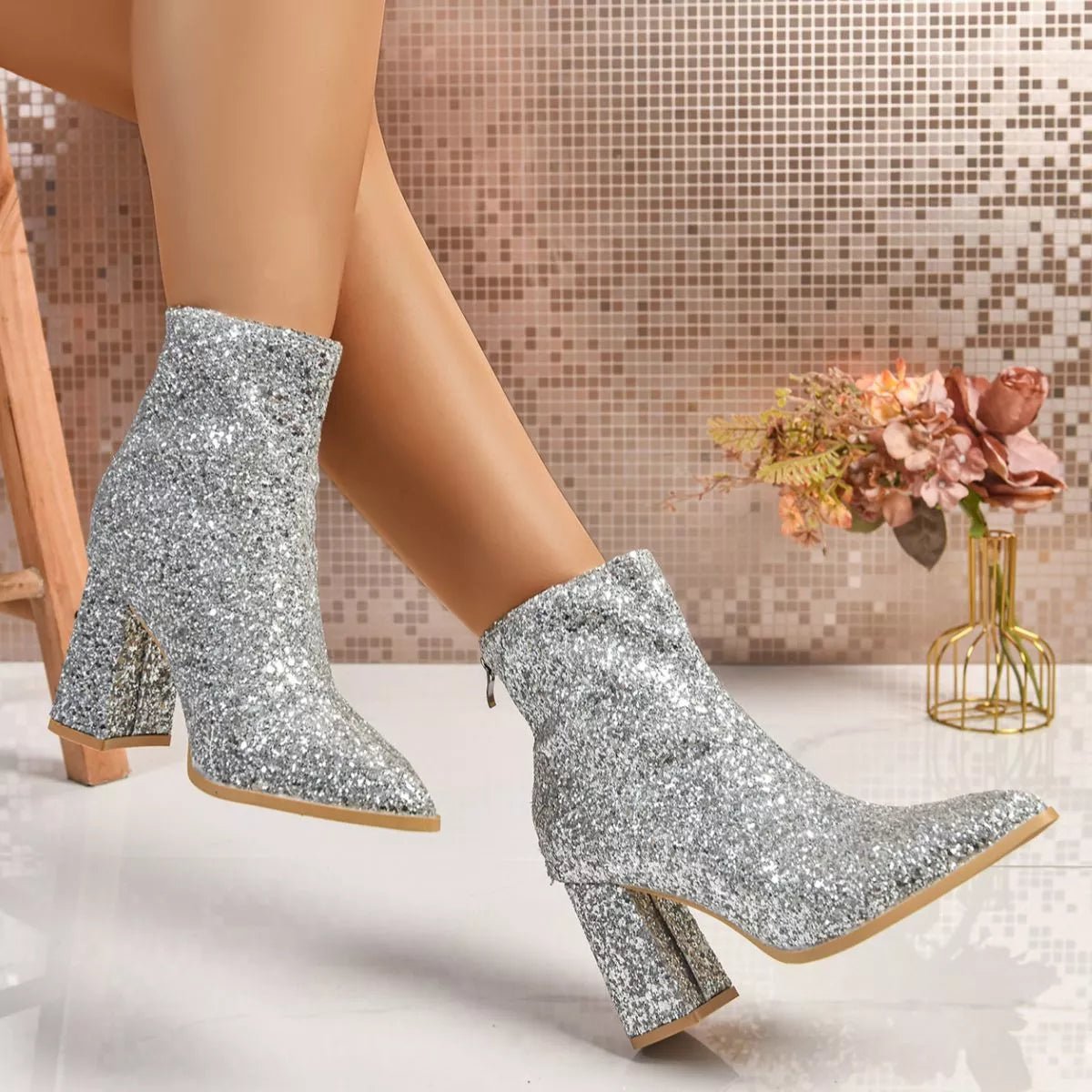 Sequin Point Toe Block Heels Boots - Flip Flop Dynasty