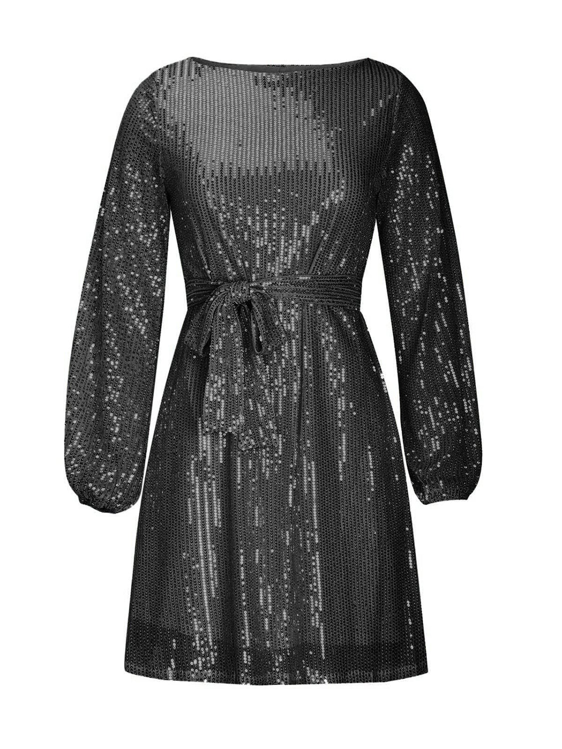 Sequin Tie Waist Long Sleeve Mini Dress - Flip Flop Dynasty
