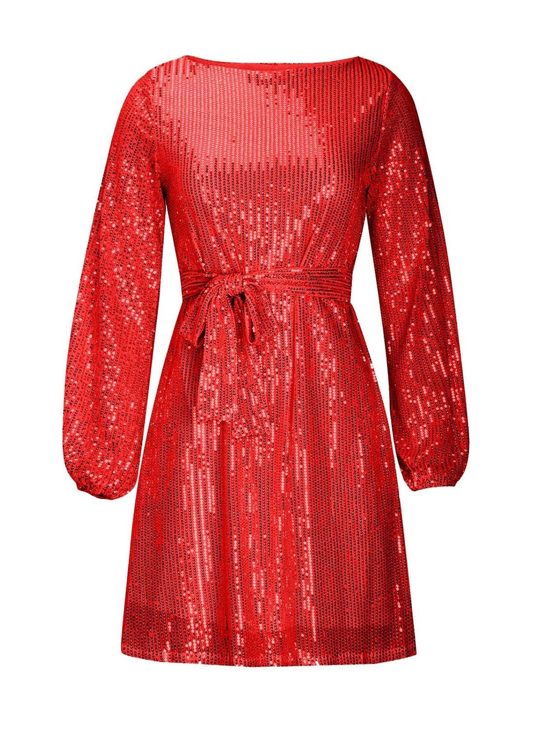 Sequin Tie Waist Long Sleeve Mini Dress - Flip Flop Dynasty