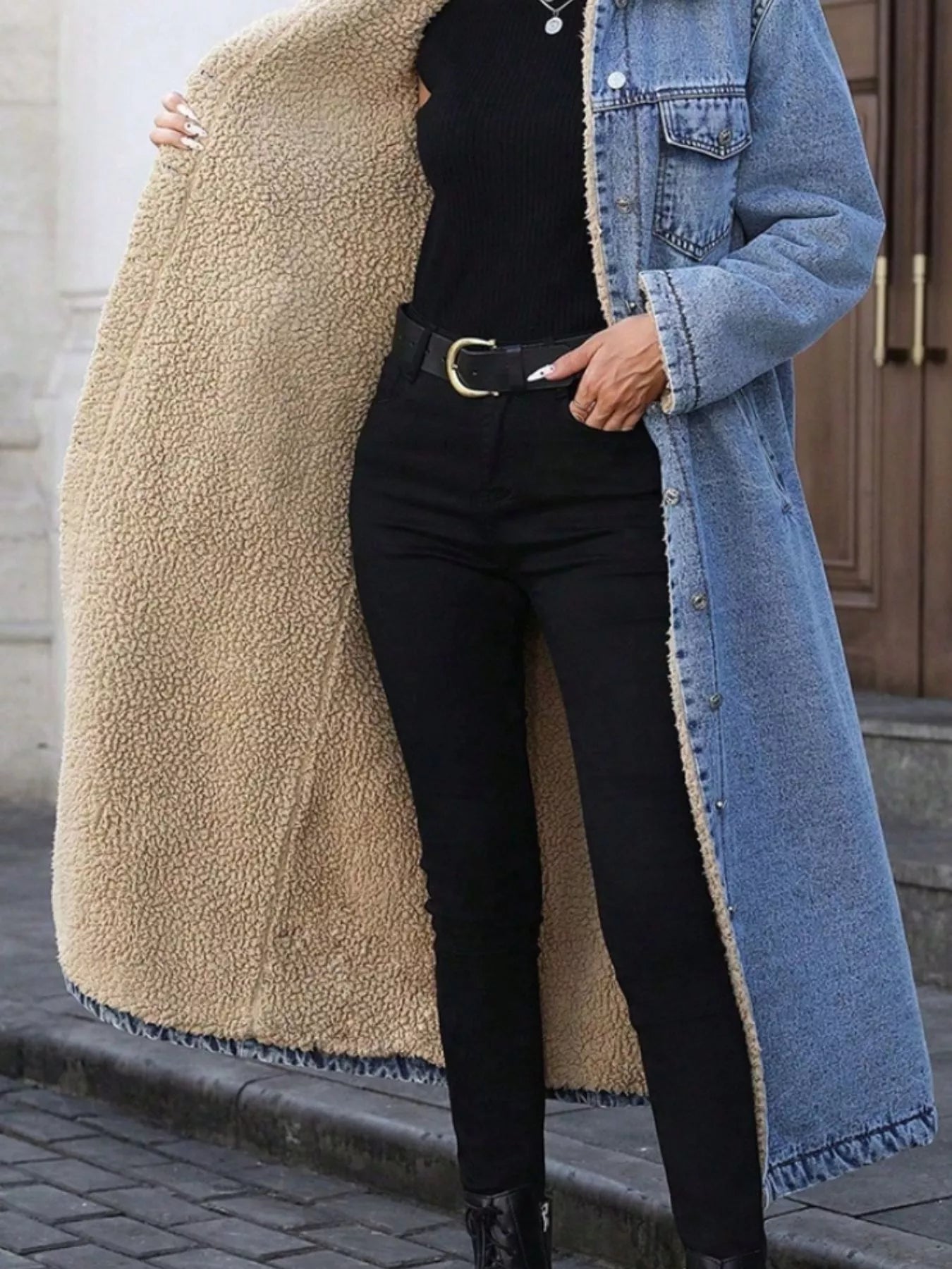 Sherpa Lined Longline Denim Jacket - Flip Flop Dynasty