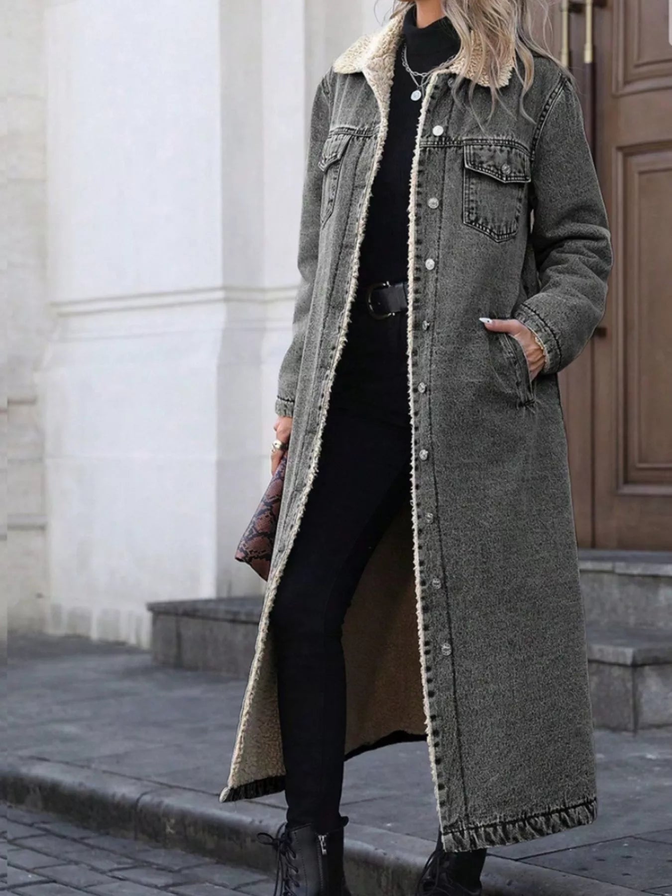 Sherpa Lined Longline Denim Jacket - Flip Flop Dynasty