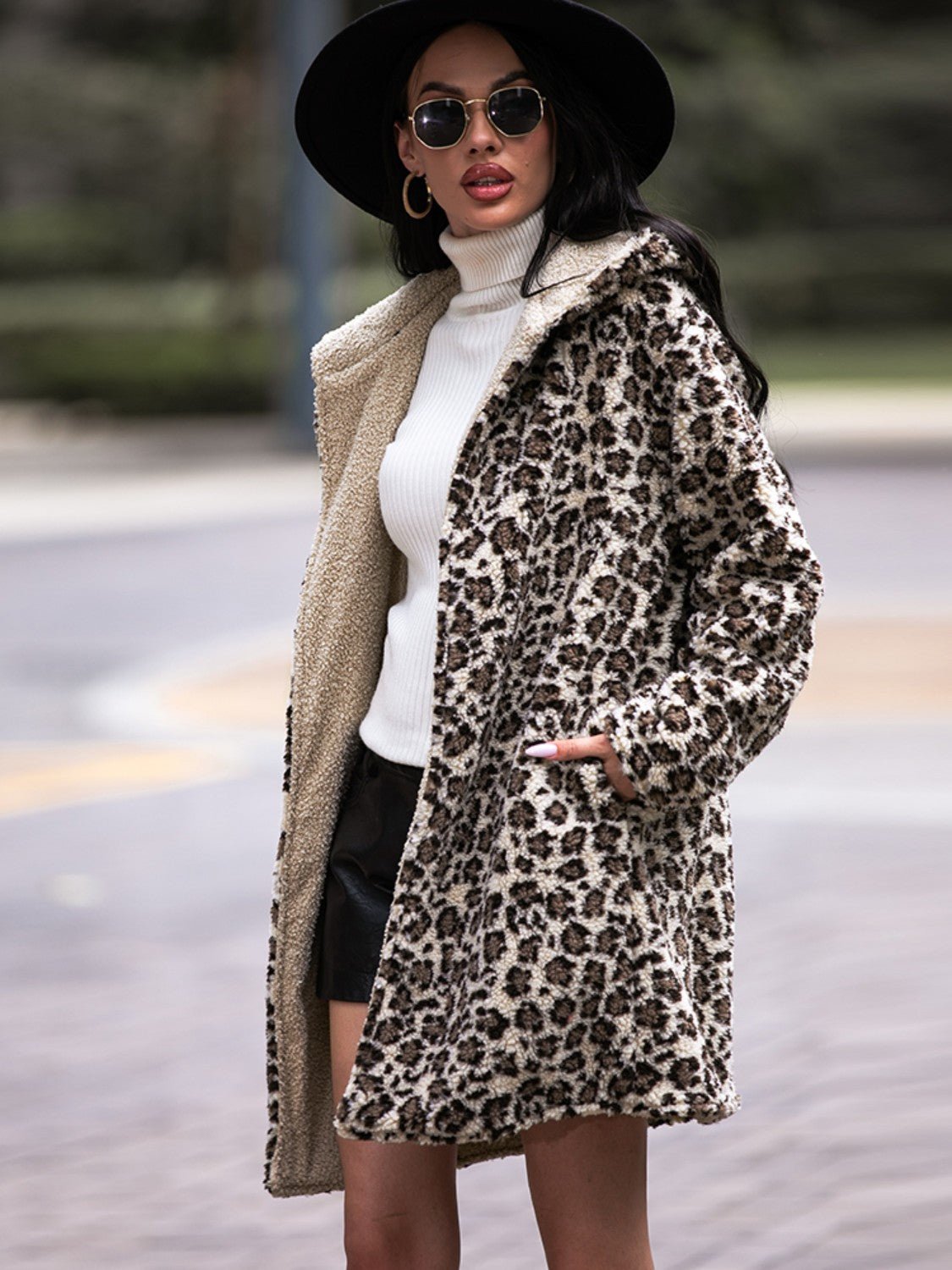 Shiny Leopard Hooded Coat with Pockets - Flip Flop Dynasty