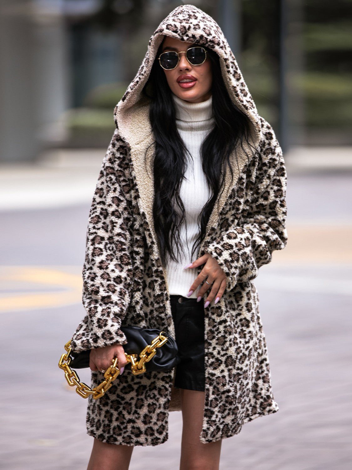 Shiny Leopard Hooded Coat with Pockets - Flip Flop Dynasty