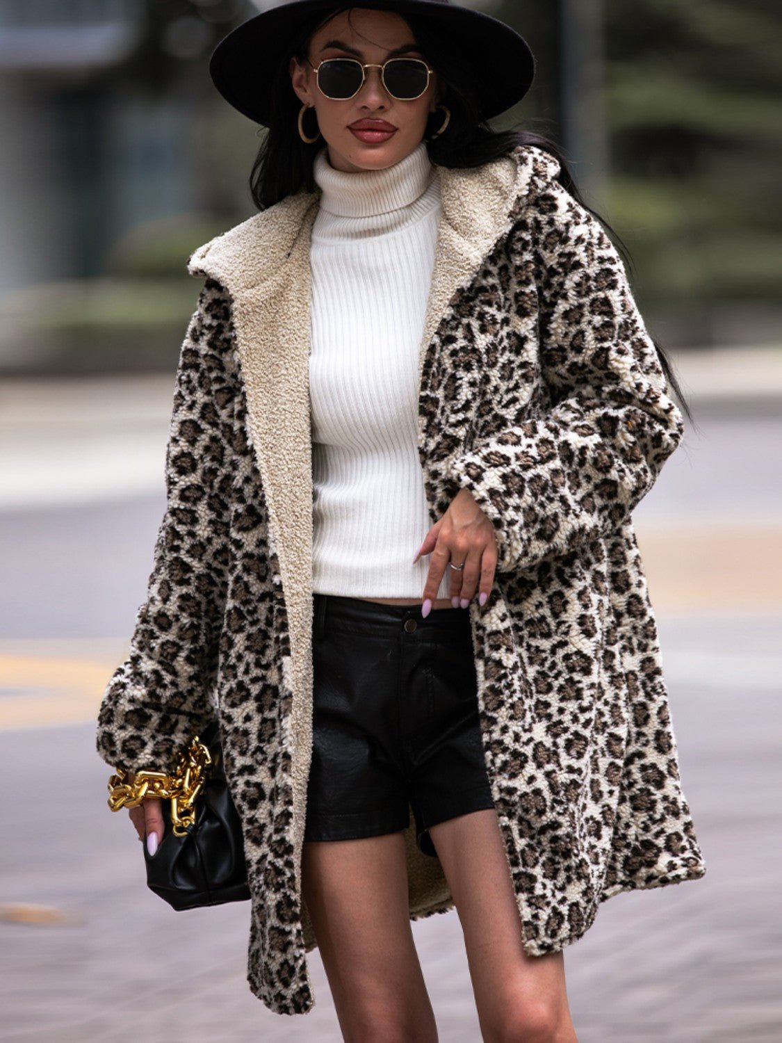 Shiny Leopard Hooded Coat with Pockets - Flip Flop Dynasty