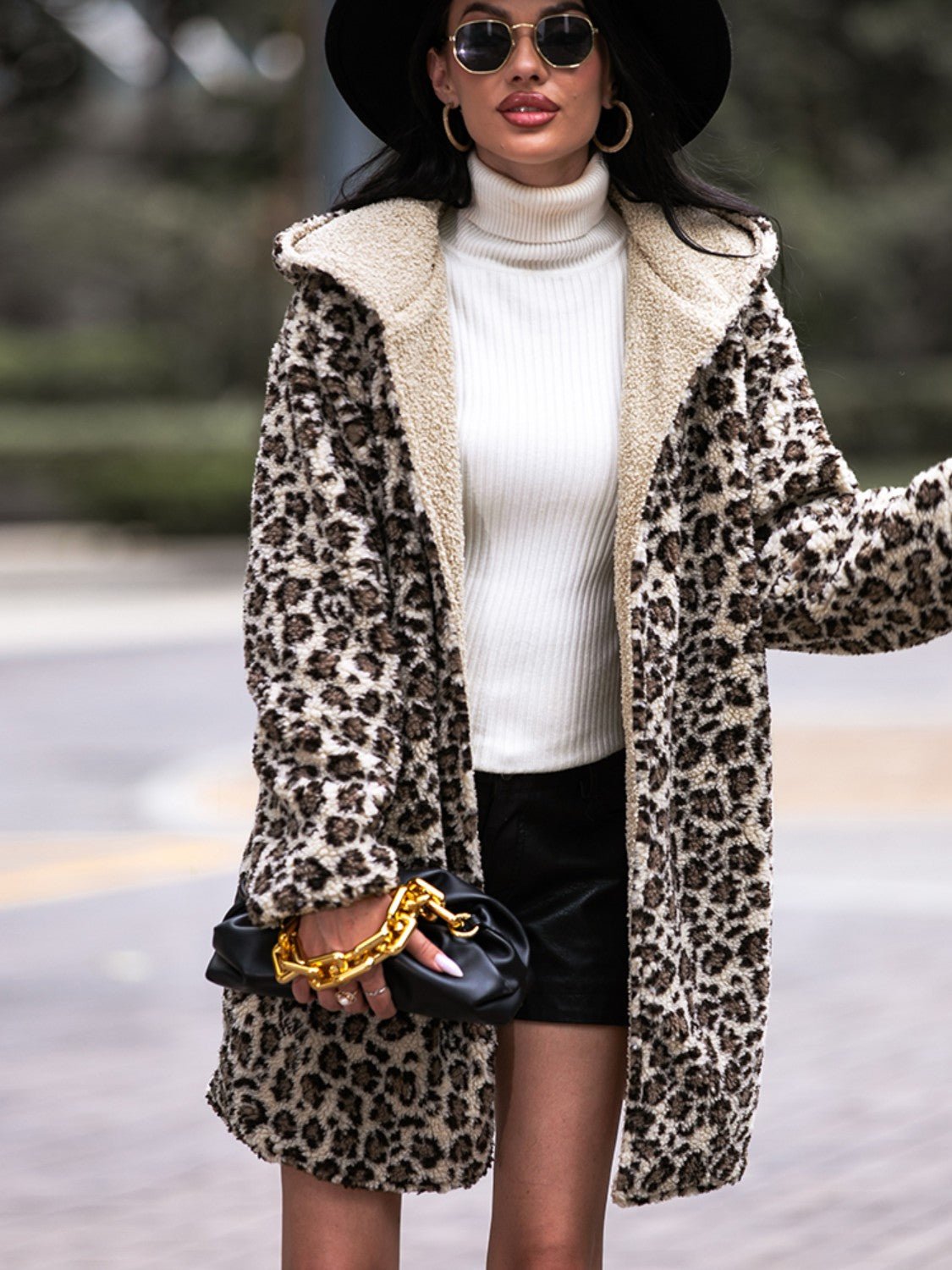 Shiny Leopard Hooded Coat with Pockets - Flip Flop Dynasty