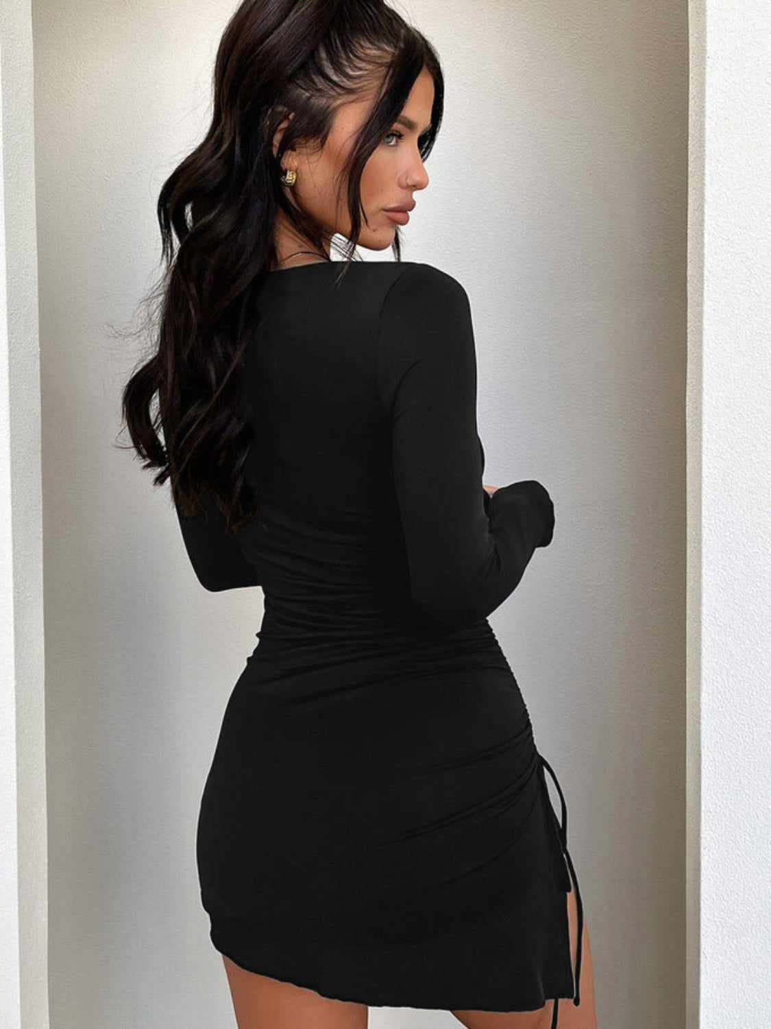 Side Drawstring Round Neck Long Sleeve Dress - Flip Flop Dynasty