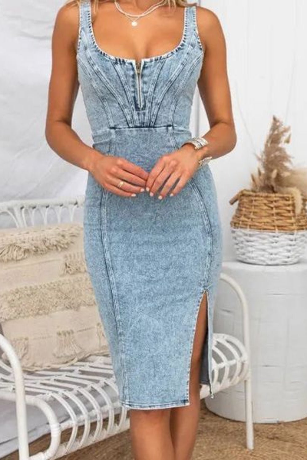 Side Slit Washed Scoop Neck Denim Dress - Flip Flop Dynasty