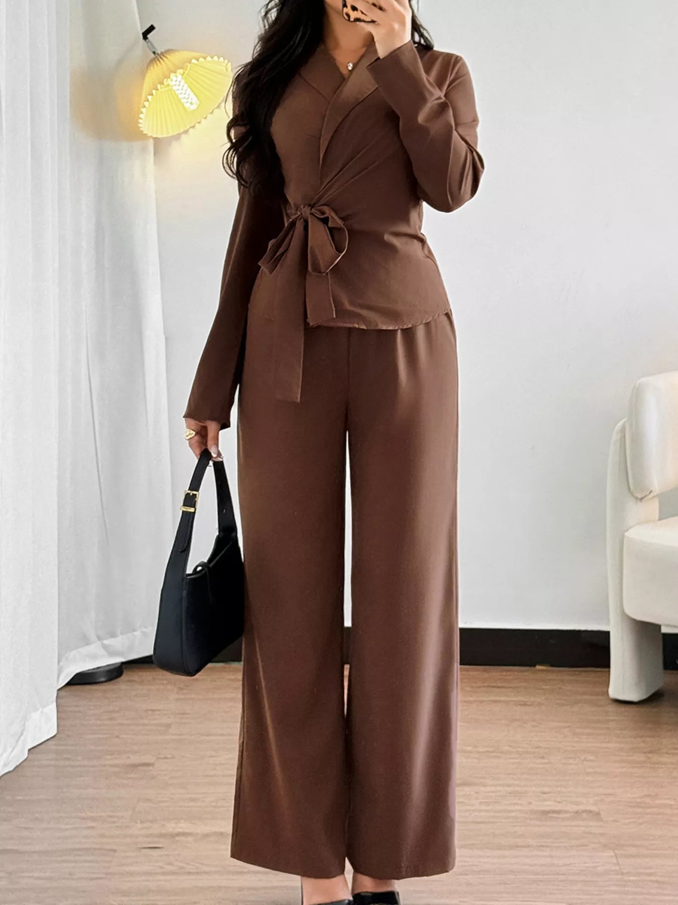 Side Tie Long Sleeve Top and Pants Set - Flip Flop Dynasty