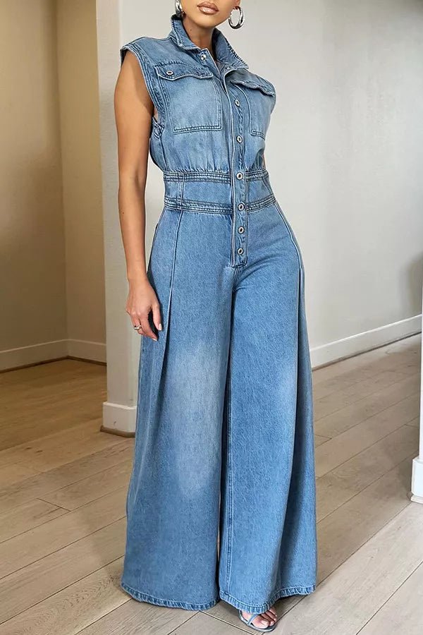 Sleeveless Wide-Leg Denim Jumpsuit with Button-Front - Flip Flop Dynasty