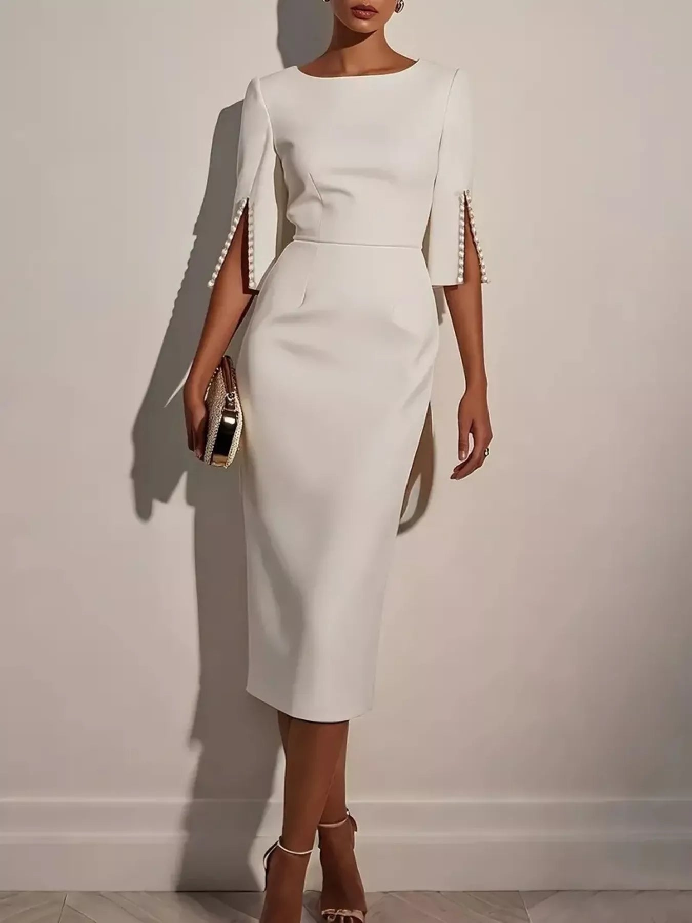 Slim-Fit Elegant Midi Dress with Beaded Slit Sleeve - Flip Flop Dynasty