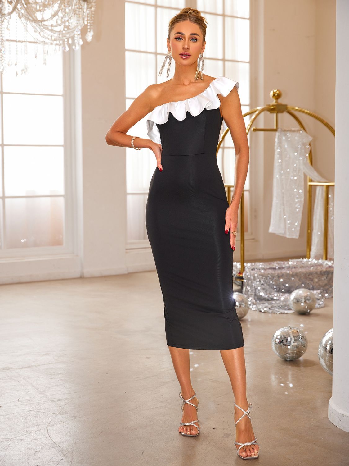 Slit Contrast Single Shoulder Midi Dress - Flip Flop Dynasty