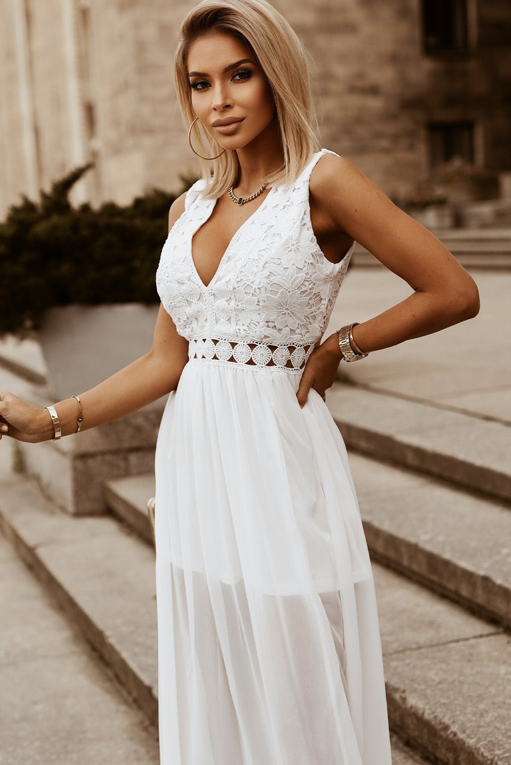 Slit Lace Detail V - Neck Dress - Flip Flop Dynasty