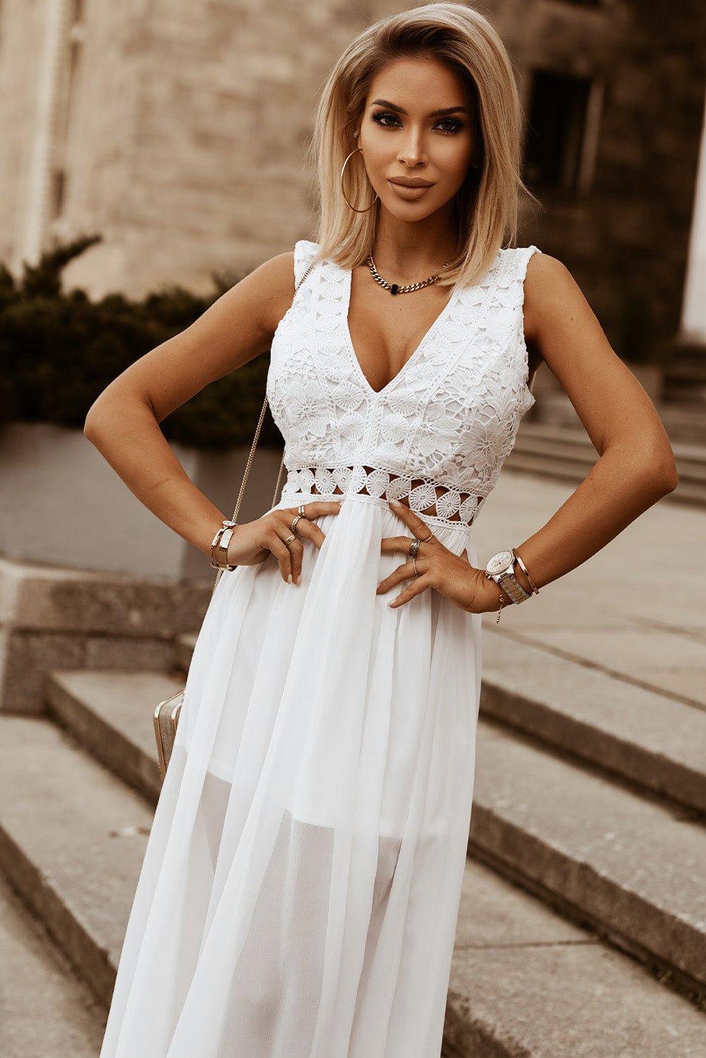 Slit Lace Detail V - Neck Dress - Flip Flop Dynasty