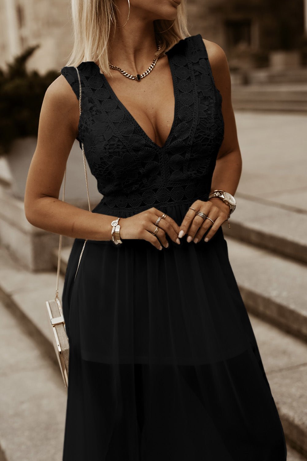 Slit Lace Detail V - Neck Dress - Flip Flop Dynasty
