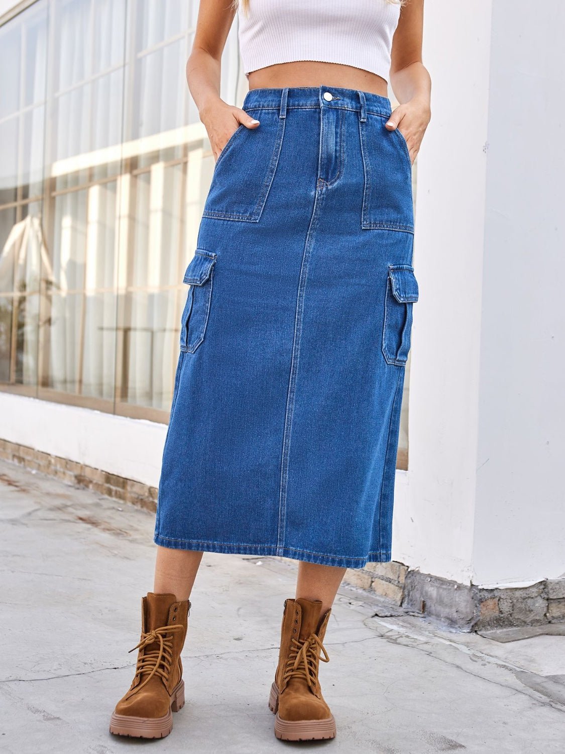 Slit Midi Denim Skirt with Pockets - Flip Flop Dynasty