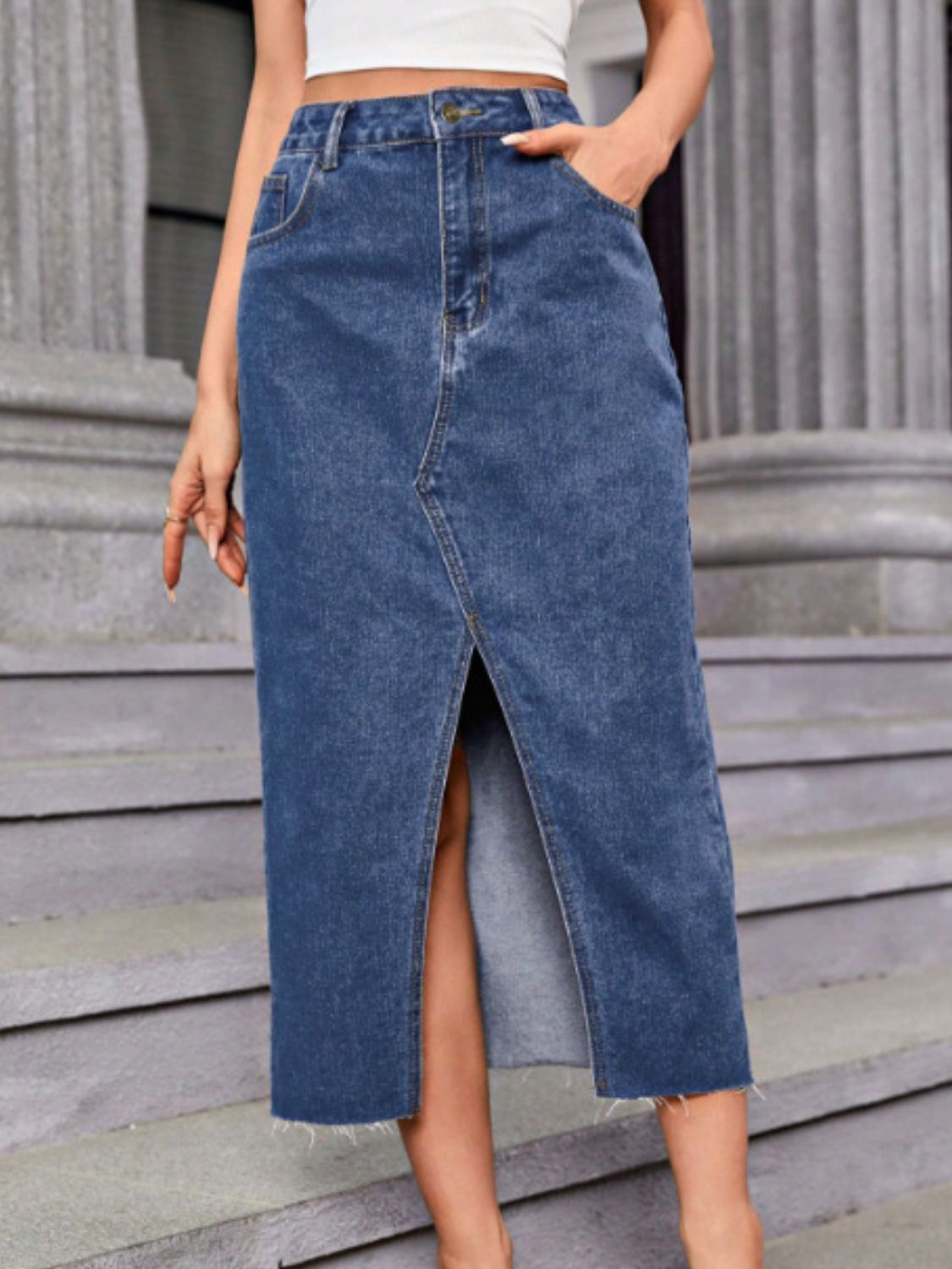 Slit Midi Denim Skirt with Pockets - Flip Flop Dynasty