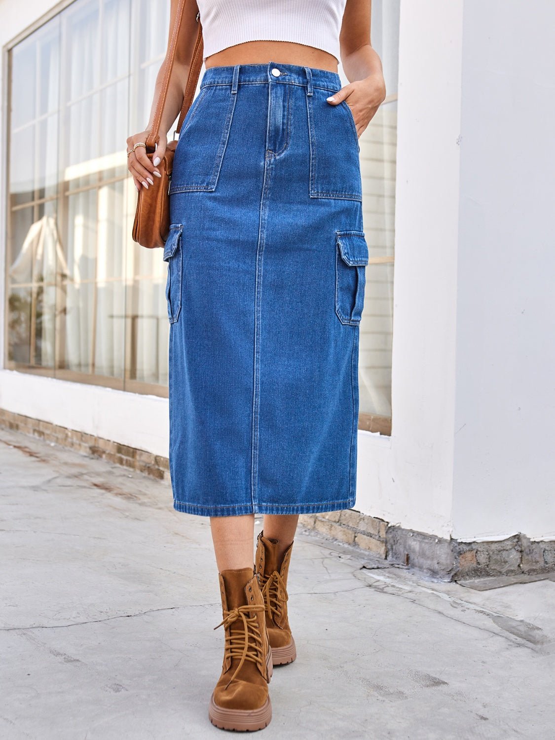 Slit Midi Denim Skirt with Pockets - Flip Flop Dynasty