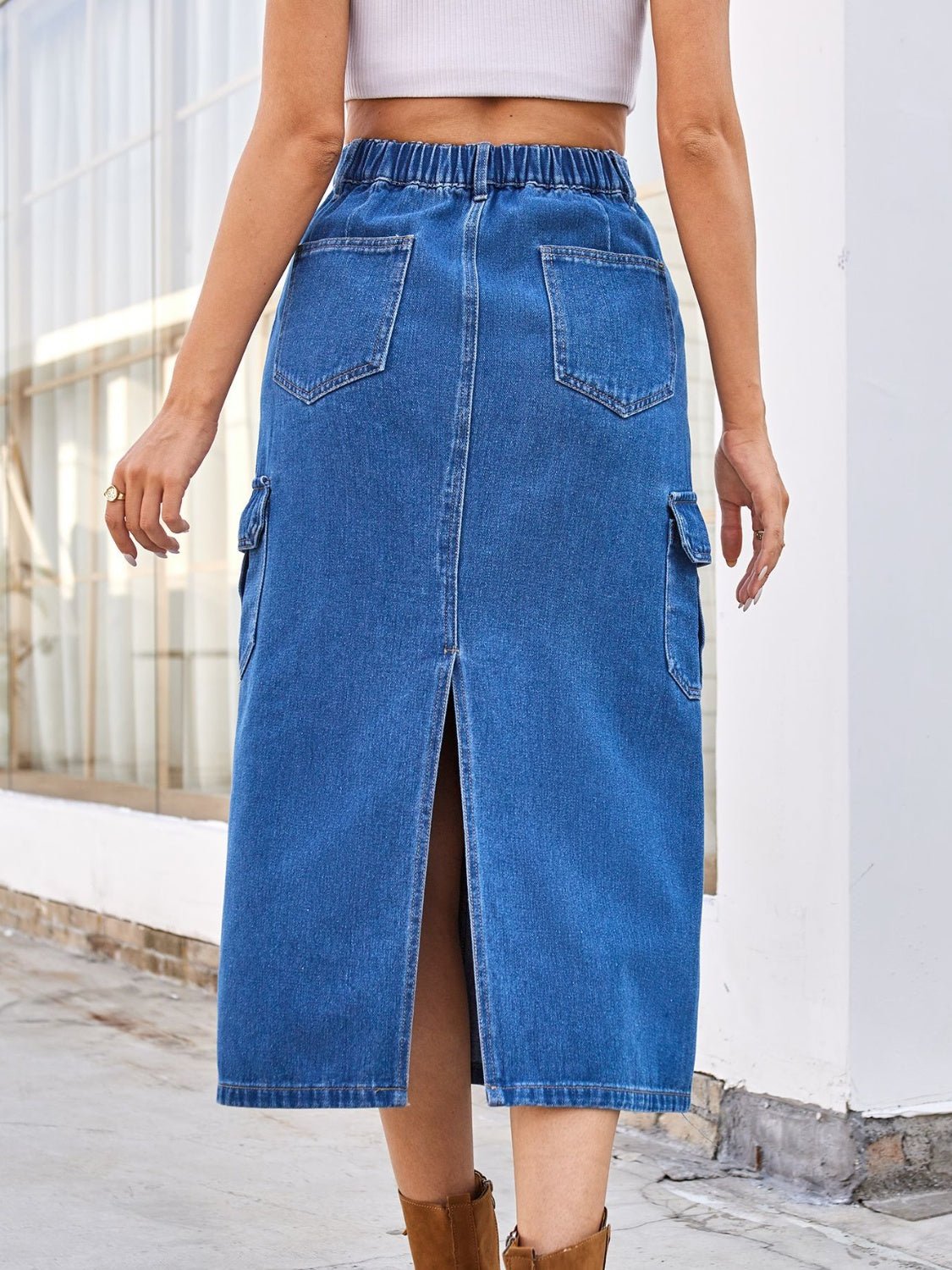 Slit Midi Denim Skirt with Pockets - Flip Flop Dynasty