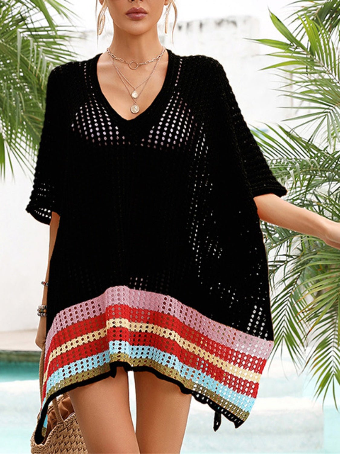 Slit Openwork V - Neck Half Sleeve Cover - Up - Flip Flop Dynasty
