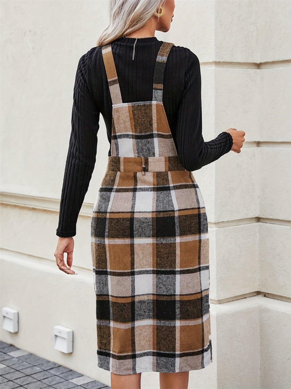 Slit Plaid Wide Strap Overall Dress - Flip Flop Dynasty