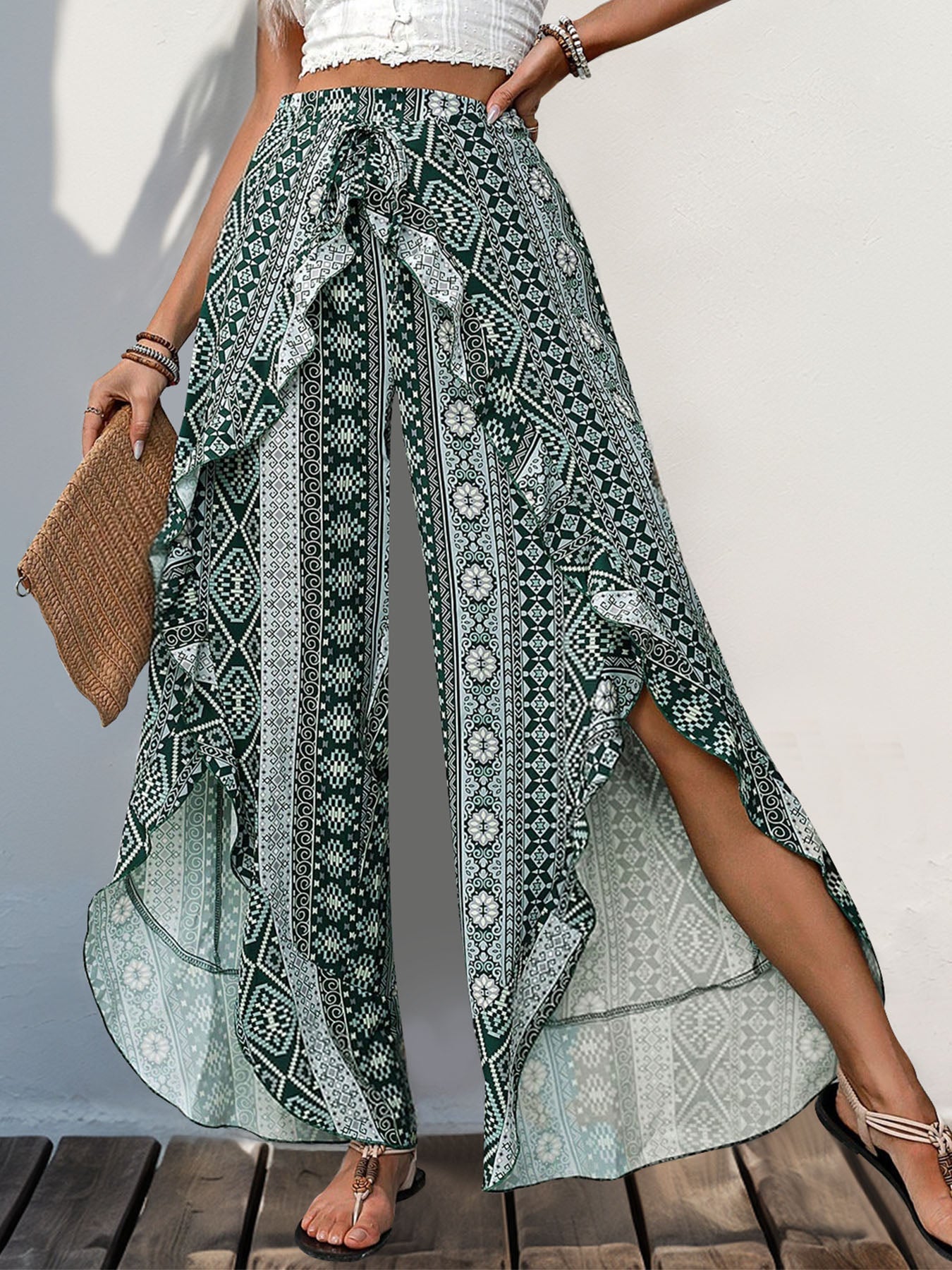 Slit Ruffled Geometric Wide Leg Pants - Flip Flop Dynasty