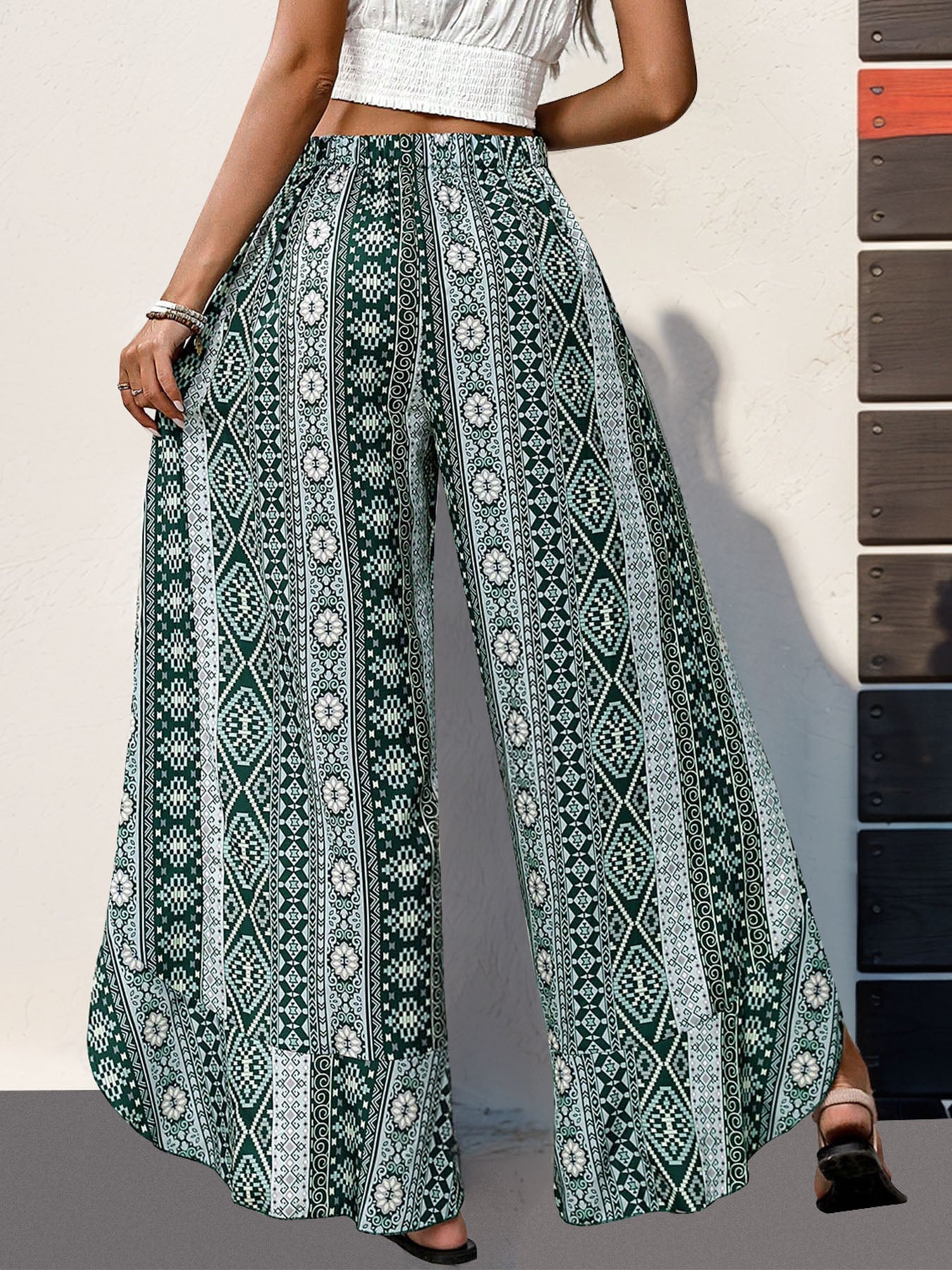 Slit Ruffled Geometric Wide Leg Pants - Flip Flop Dynasty