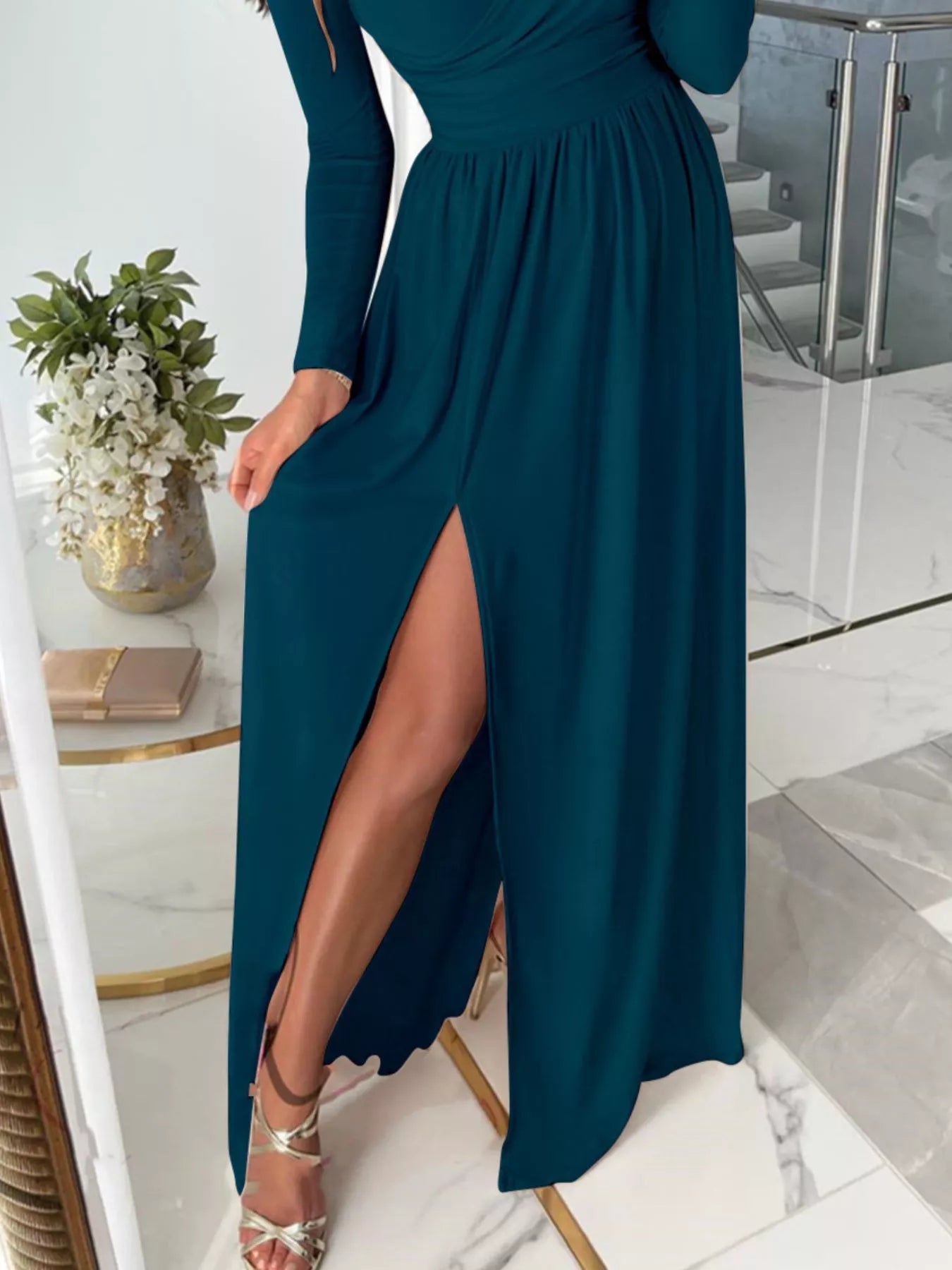 Slit Surplice Cold Shoulder Maxi Dress - Flip Flop Dynasty