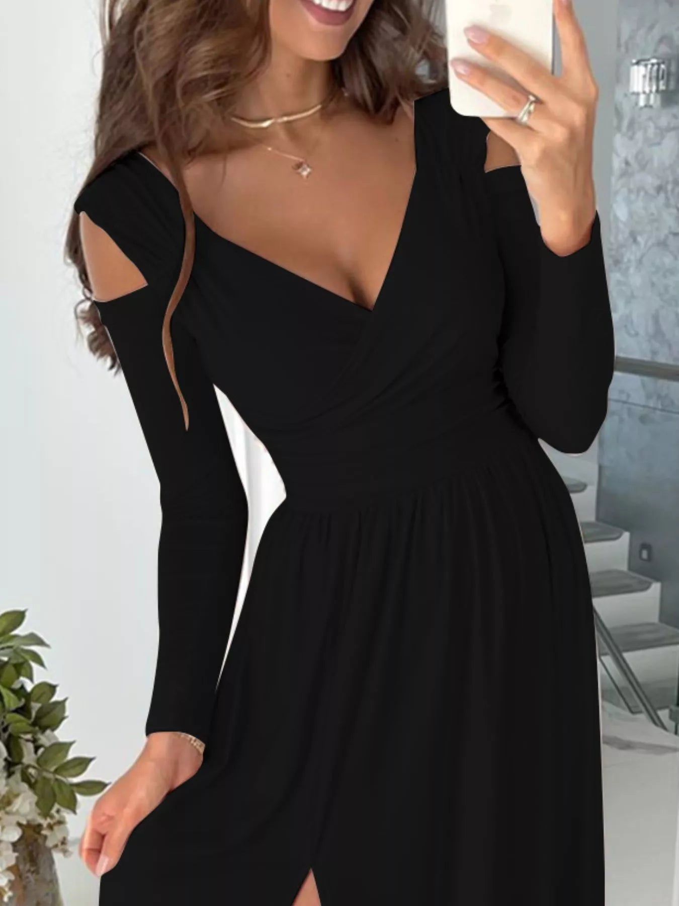 Slit Surplice Cold Shoulder Maxi Dress - Flip Flop Dynasty