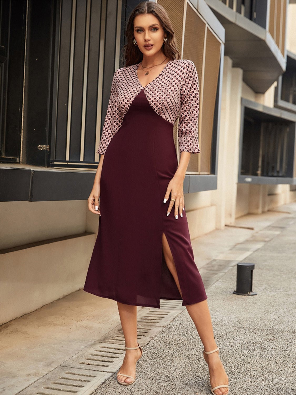 Slit V - Neck Three - Quarter Sleeve Midi Dress - Flip Flop Dynasty