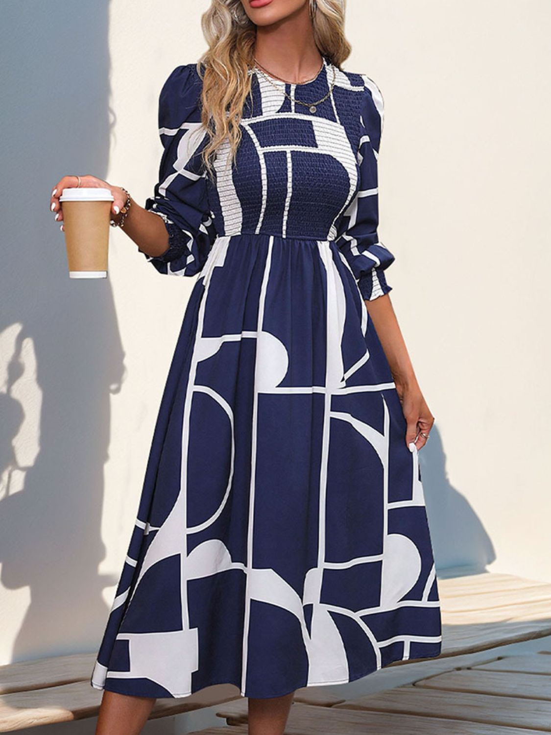 Smocked Color Block Long Sleeve Midi Dress - Flip Flop Dynasty