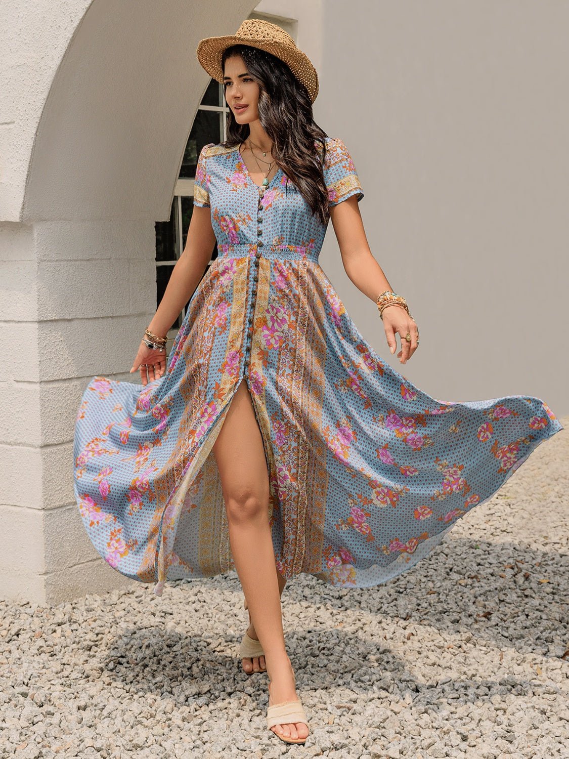 Smocked Floral V - Neck Short Sleeve Midi Dress - Flip Flop Dynasty