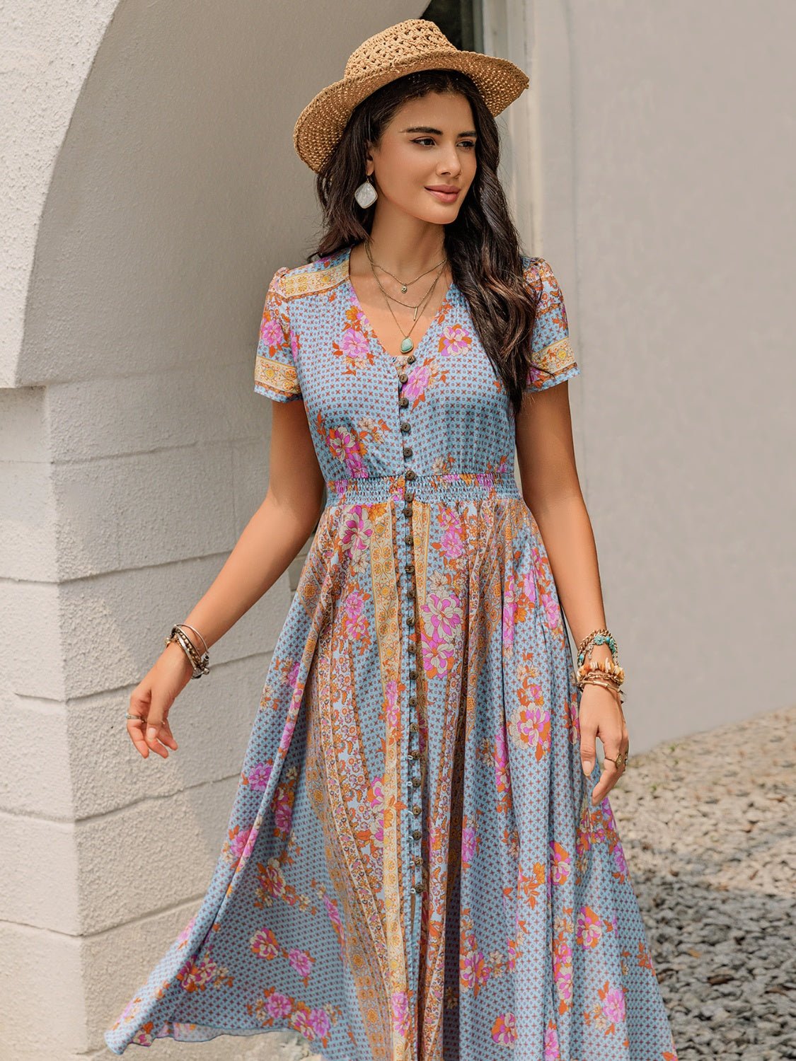Smocked Floral V - Neck Short Sleeve Midi Dress - Flip Flop Dynasty