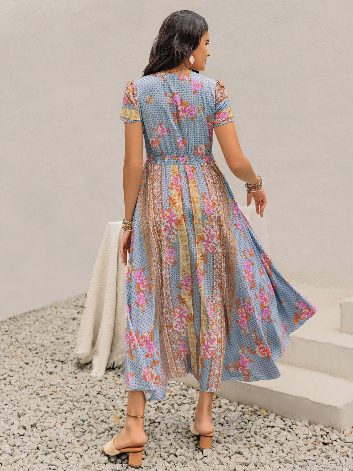 Smocked Floral V - Neck Short Sleeve Midi Dress - Flip Flop Dynasty
