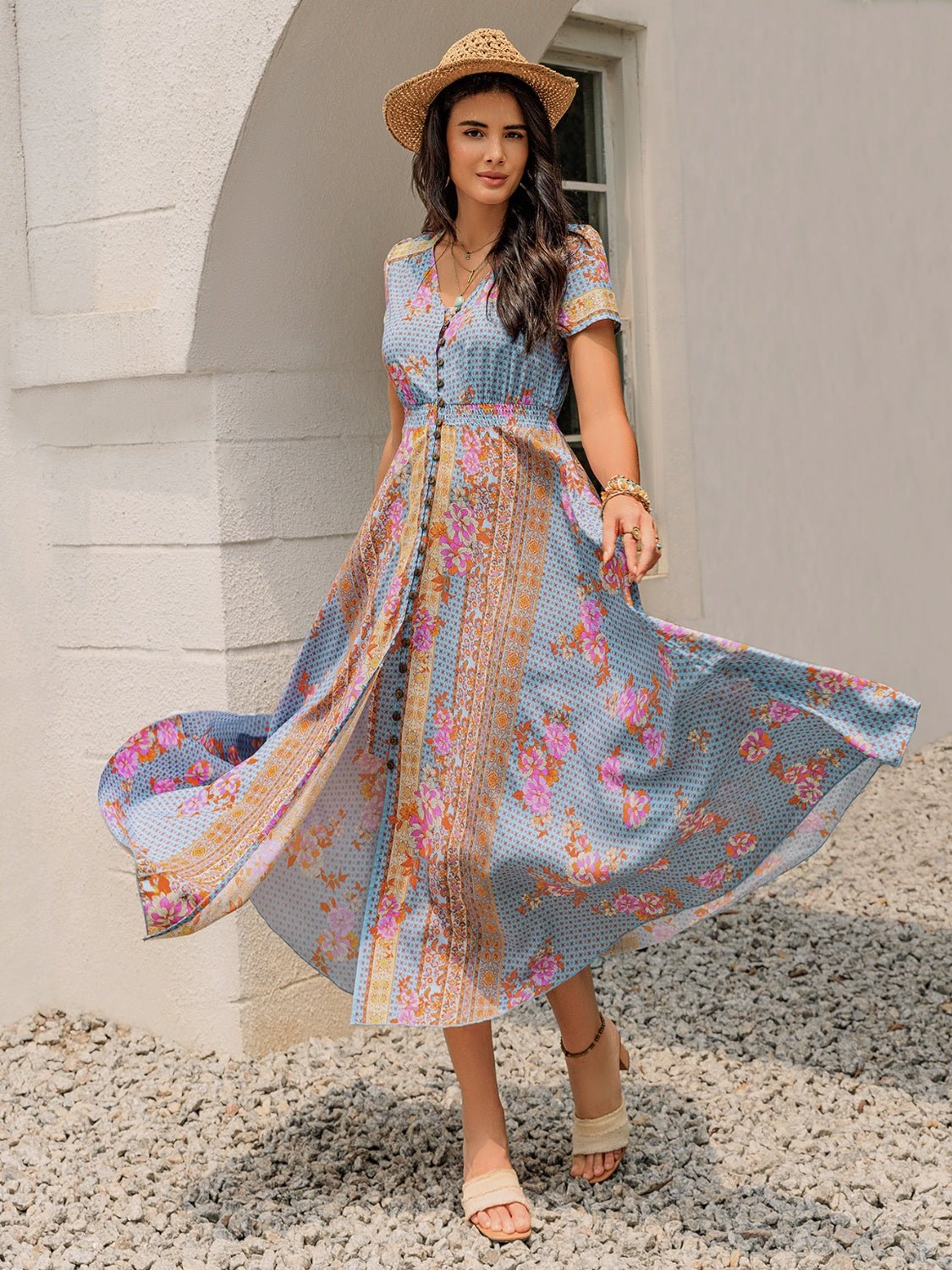 Smocked Floral V - Neck Short Sleeve Midi Dress - Flip Flop Dynasty
