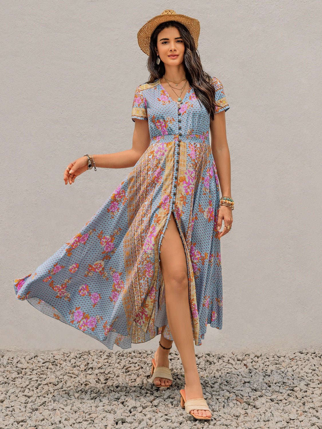 Smocked Floral V - Neck Short Sleeve Midi Dress - Flip Flop Dynasty