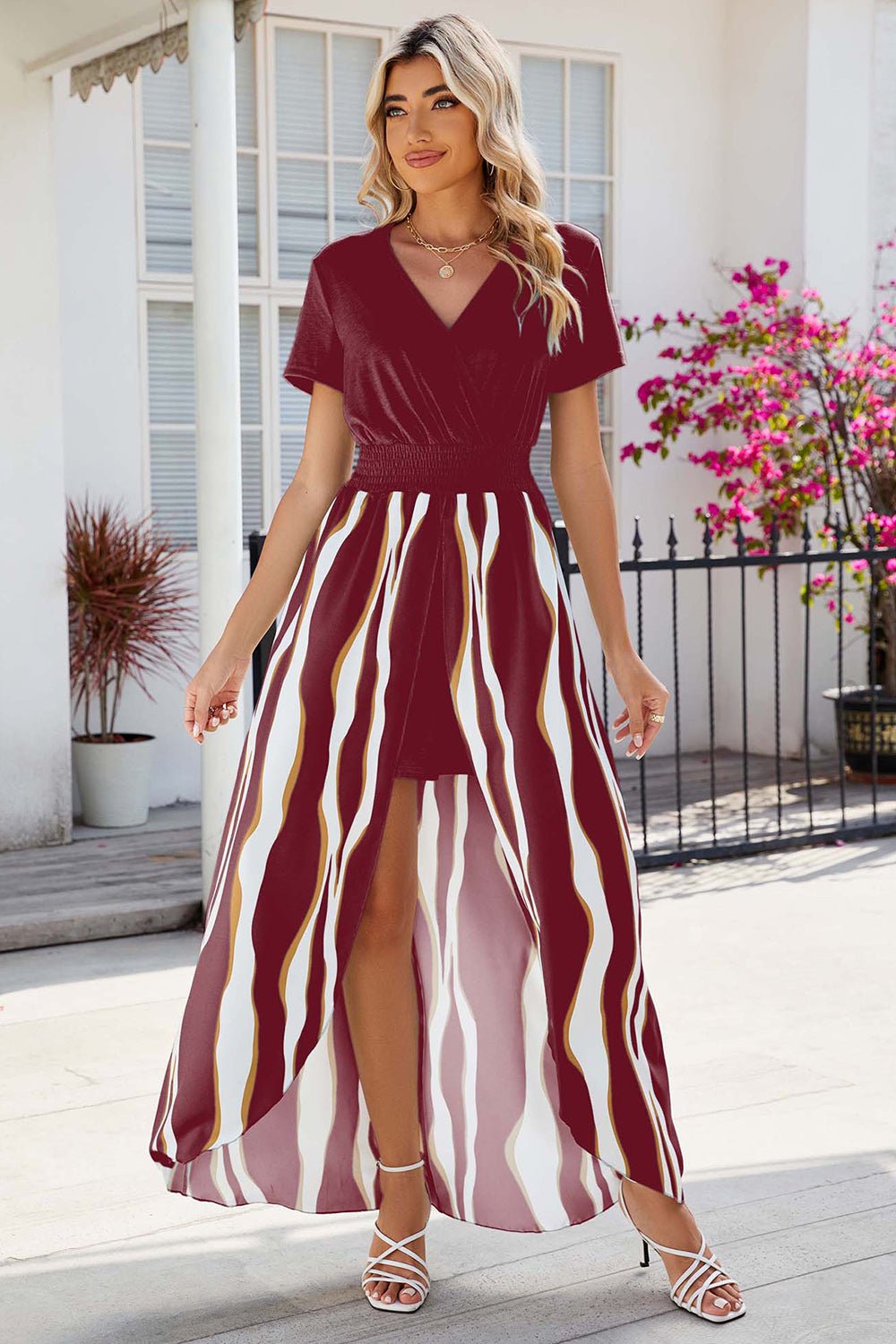 Smocked High - Low Printed Surplice Dress - Flip Flop Dynasty