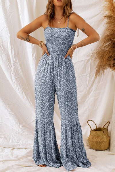 Smocked Printed Wide Strap Jumpsuit - Flip Flop Dynasty