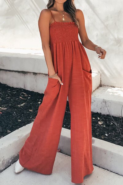 Smocked Spaghetti Strap Wide Leg Jumpsuit - Flip Flop Dynasty